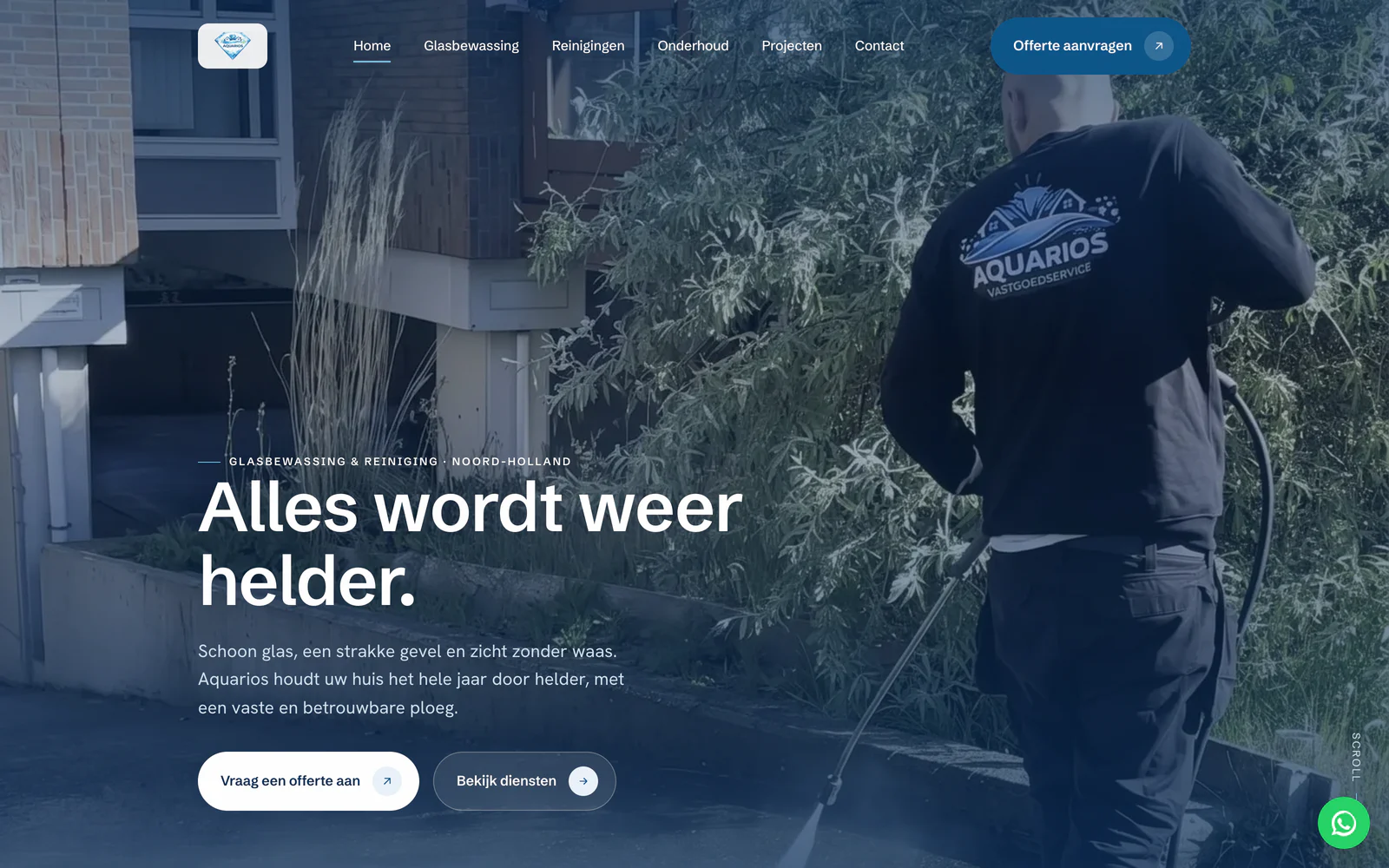 Screenshot van de website van Aquarios, glasbewassing en reiniging in Noord-Holland