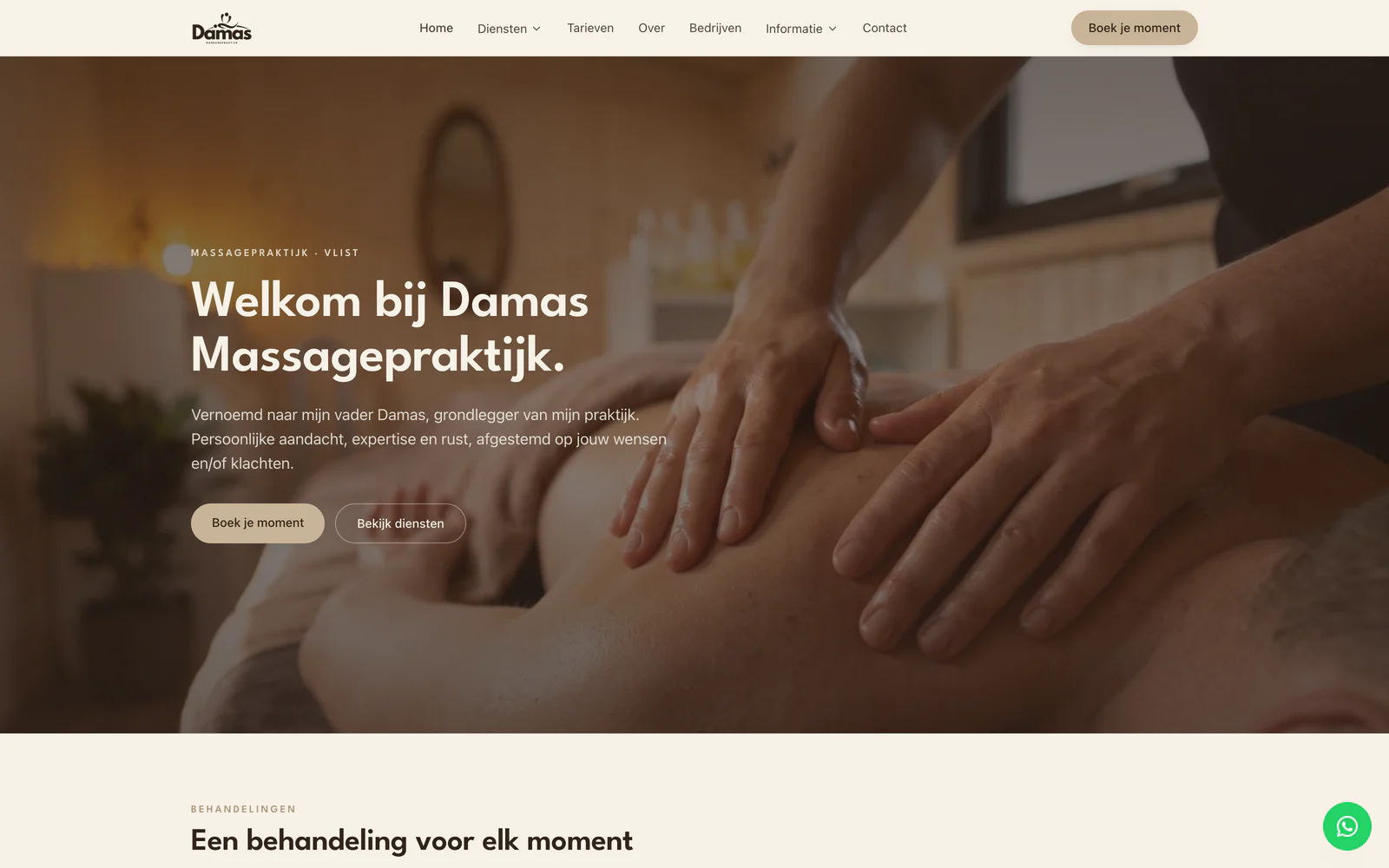 Screenshot van de website van Damas Massagepraktijk met online boekingssysteem