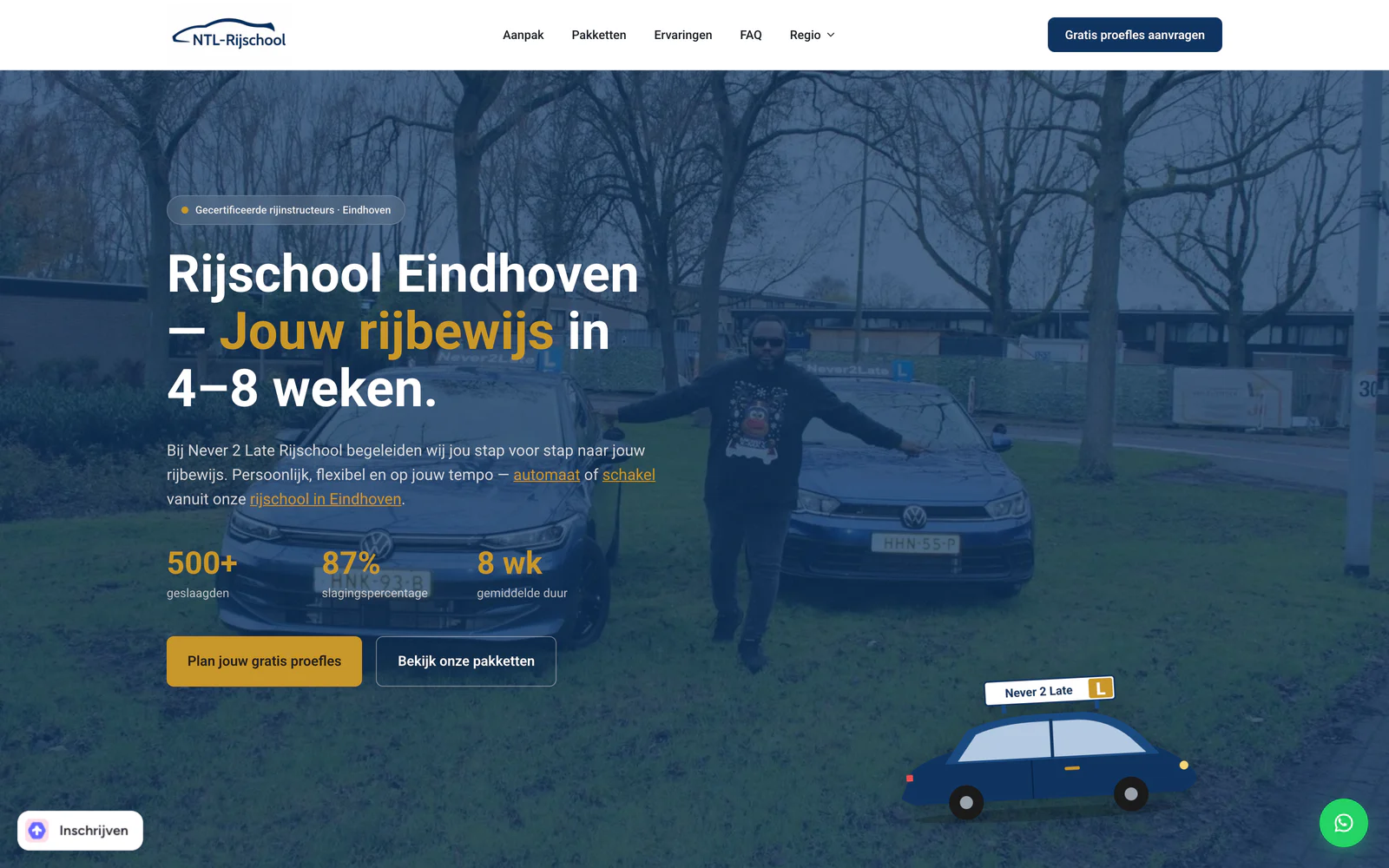 Screenshot van de website van Never 2 Late Rijschool in Eindhoven