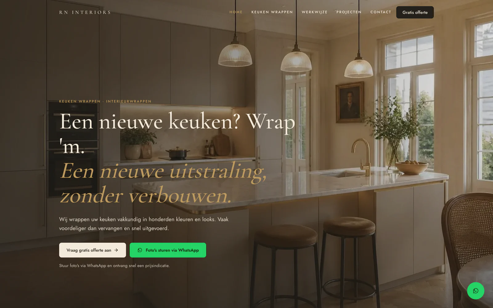 Screenshot van de website van RN Interiors, specialist in keuken wrappen